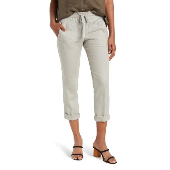 James Perse Solid Linen Drawstring Pants (2) M Solitaire Tan Beige Crop Tapered - Picture 1 of 8